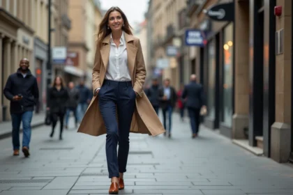 Femme élégante marchant dans la ville en trench beige