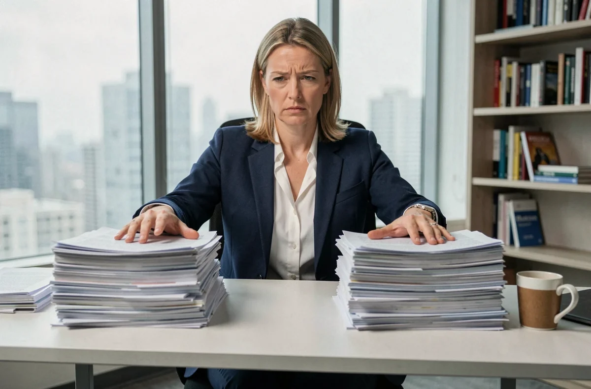 Femme cadre en proie à la paralysie décisionnelle devant deux dossiers identiques sur un bureau, métaphore visuelle du syndrome de l'âne de Buridan au travail