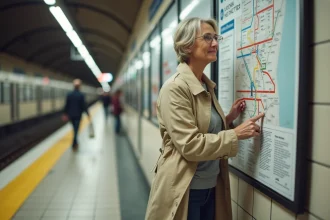 Femme consultant le plan du métro de Lyon sur un quai de station moderne, doigt pointant une ligne