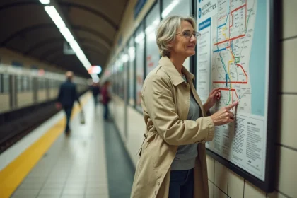 Femme consultant le plan du métro de Lyon sur un quai de station moderne, doigt pointant une ligne