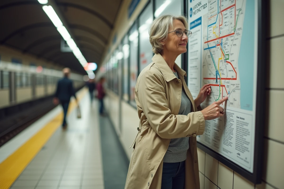 Femme consultant le plan du métro de Lyon sur un quai de station moderne, doigt pointant une ligne