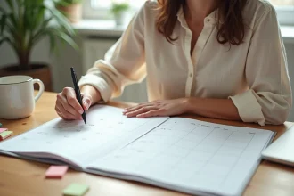 Femme écrivant sur un planning mensuel imprimé posé sur un bureau en bois dans un bureau à domicile organisé