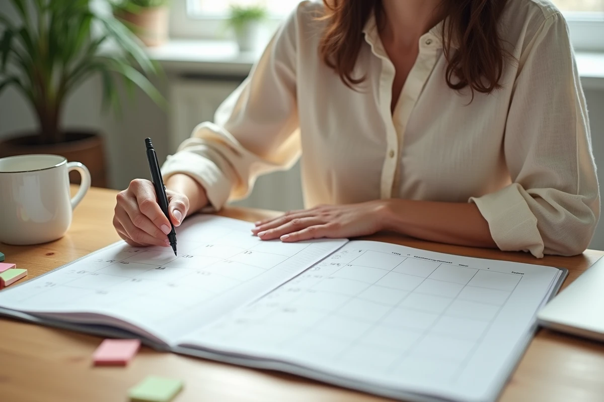 Femme écrivant sur un planning mensuel imprimé posé sur un bureau en bois dans un bureau à domicile organisé