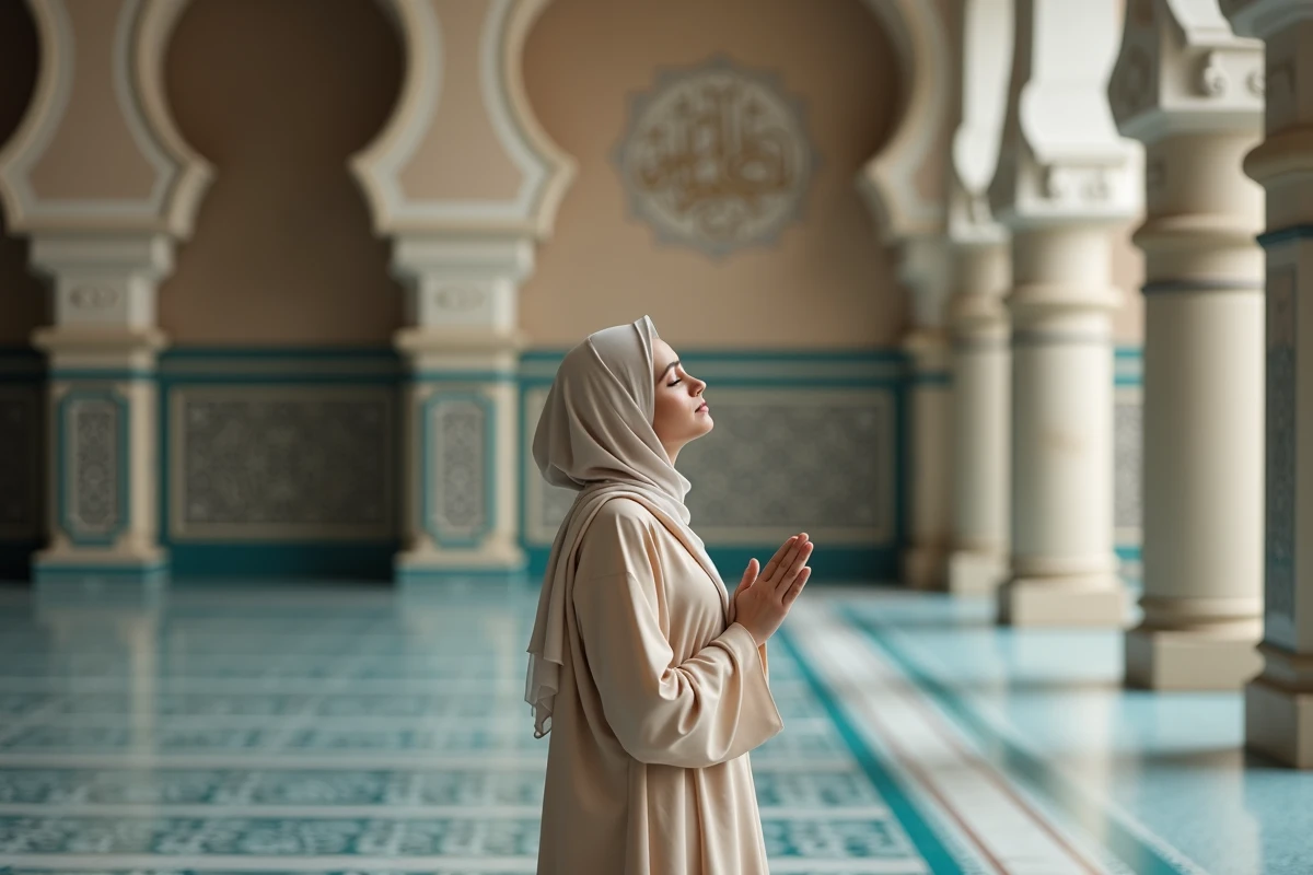 Femme musulmane en abaya debout en prière du witr dans une mosquée aux carreaux géométriques, symbolisant la pratique des différents madhabs