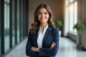 Femme confiante en blazer personnalisé dans un bureau moderne