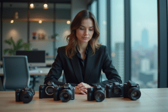 Femme professionnelle analysant appareils numériques en bureau