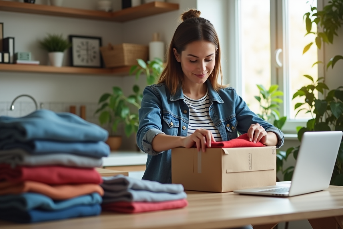 Jeune femme plie des vêtements dans une cuisine lumineuse