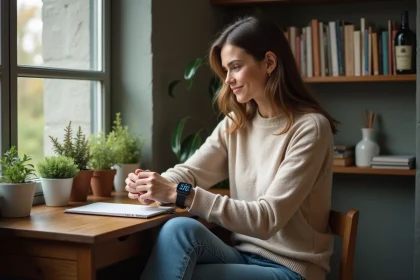 Femme pensant à une montre dans un intérieur cosy