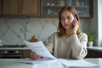 Femme au téléphone dans une cuisine moderne en train de lire un document