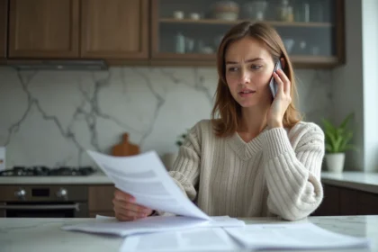 Femme au téléphone dans une cuisine moderne en train de lire un document