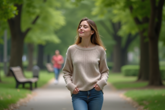 Femme dans un parc respire calmement