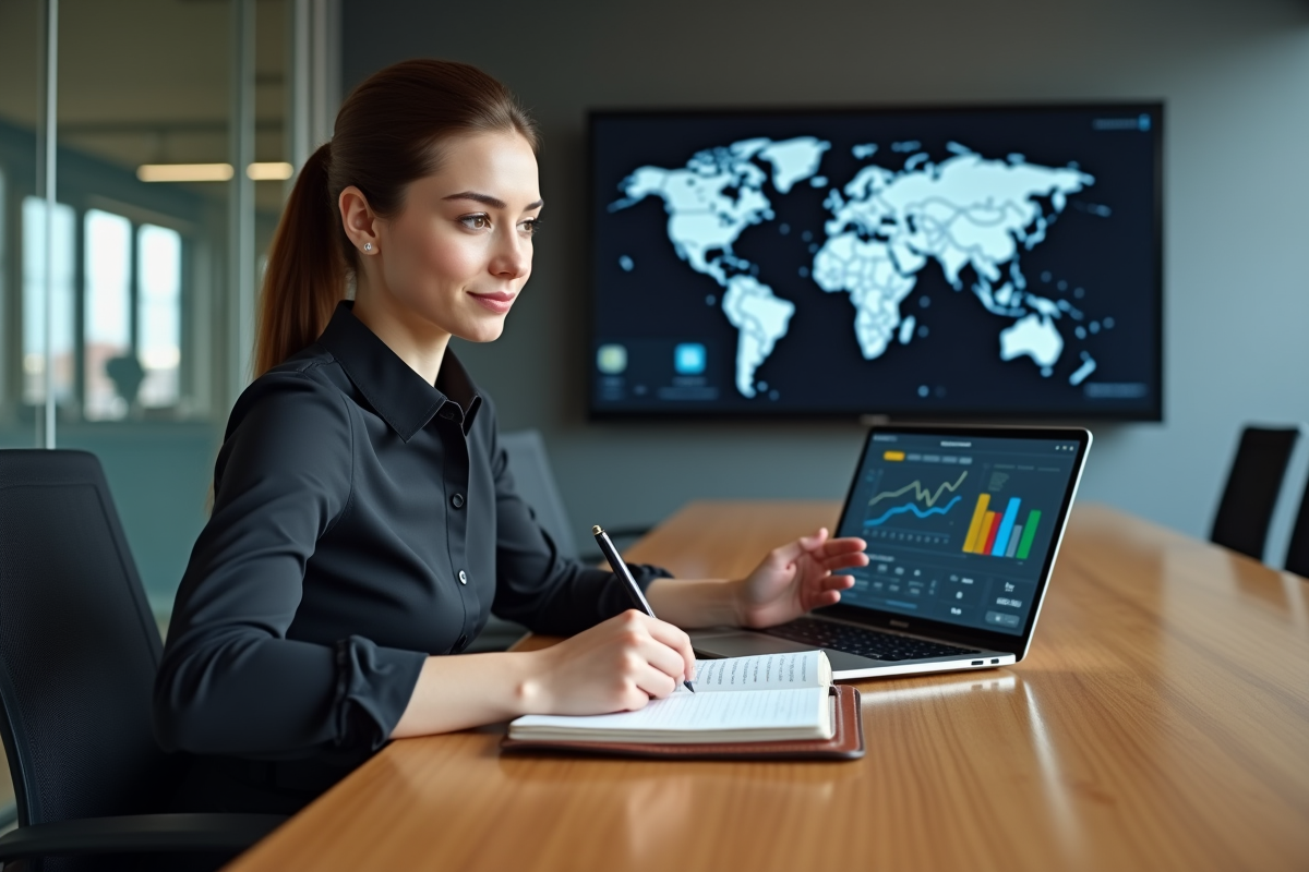 Jeune femme en réunion vidéo avec graphiques financiers