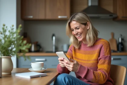 Femme souriante lisant un SMS anniversaire sur son smartphone