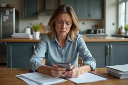 Femme d'âge moyen dans une cuisine moderne regarde son smartphone