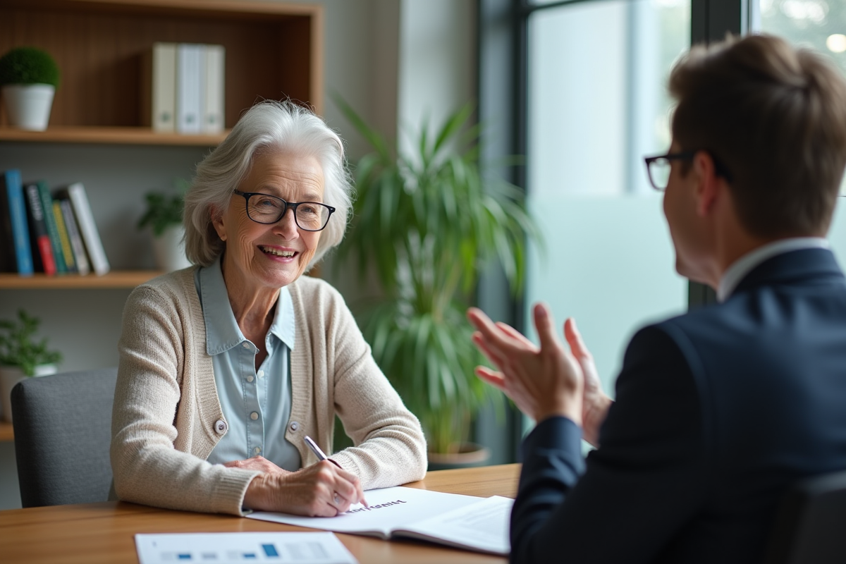 Femme senior en réunion avec conseiller financier