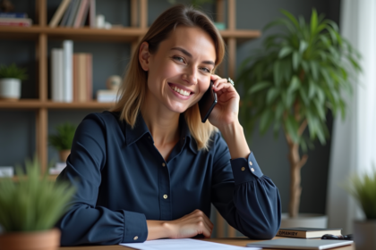 Femme souriante au téléphone dans un appartement cosy