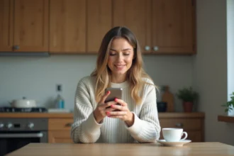 Femme dans la cuisine moderne regarde son smartphone