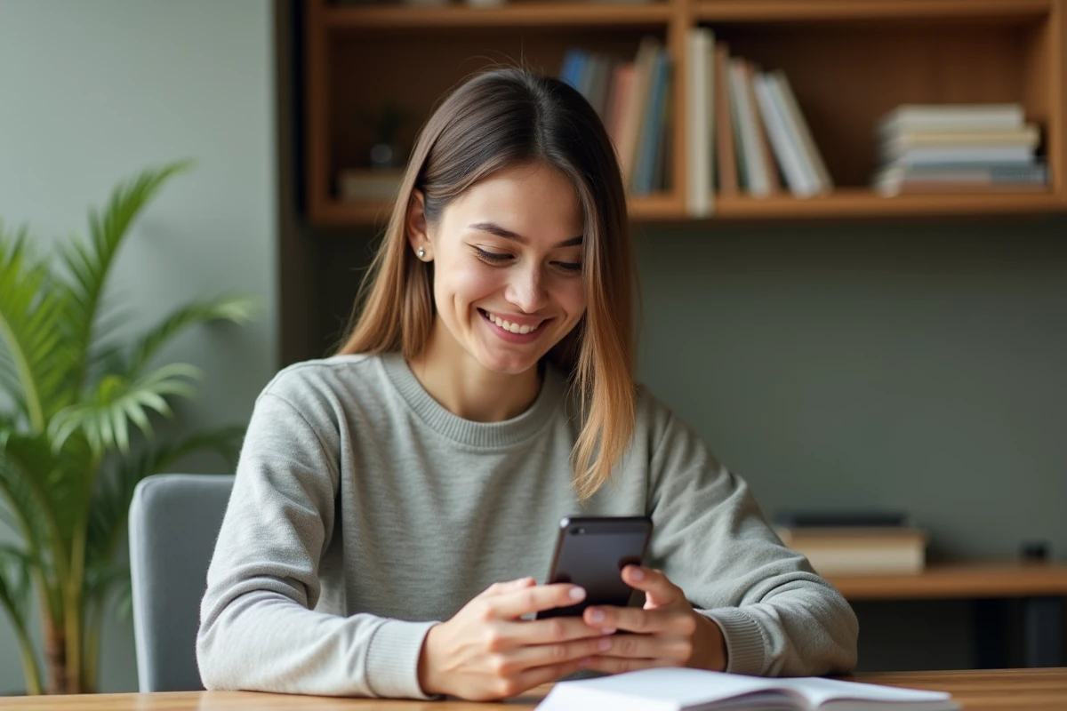 Jeune femme souriante qui lit des emojis sur son smartphone dans un bureau à domicile moderne