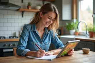 Femme souriante utilisant une tablette pour jouer à Hay Day