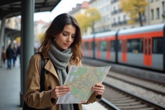 Femme avec trench et écharpe étudiant une carte du métro de Toulouse