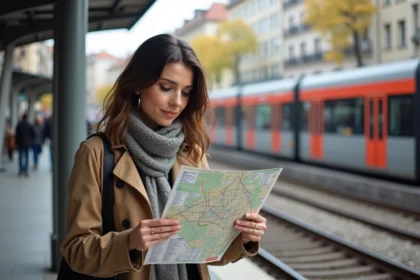 Femme avec trench et écharpe étudiant une carte du métro de Toulouse
