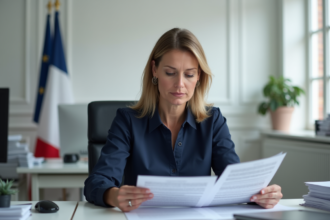 Femme en bureau examinant des formulaires de logement