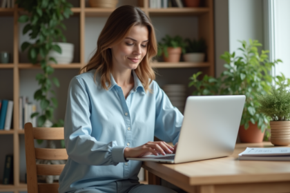 Femme concentrée sur son ordinateur dans un salon lumineux