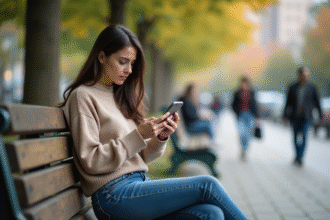 Jeune femme en ville concentrée sur son smartphone