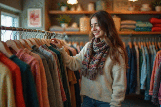 Femme souriante dans une boutique vintage de vêtements