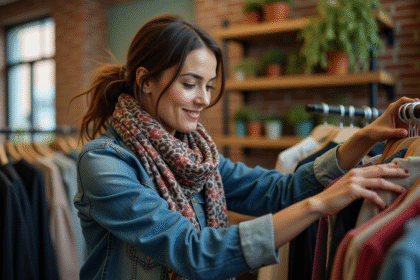 Femme en vintage denim examine des vêtements d'occasion dans un magasin urbain