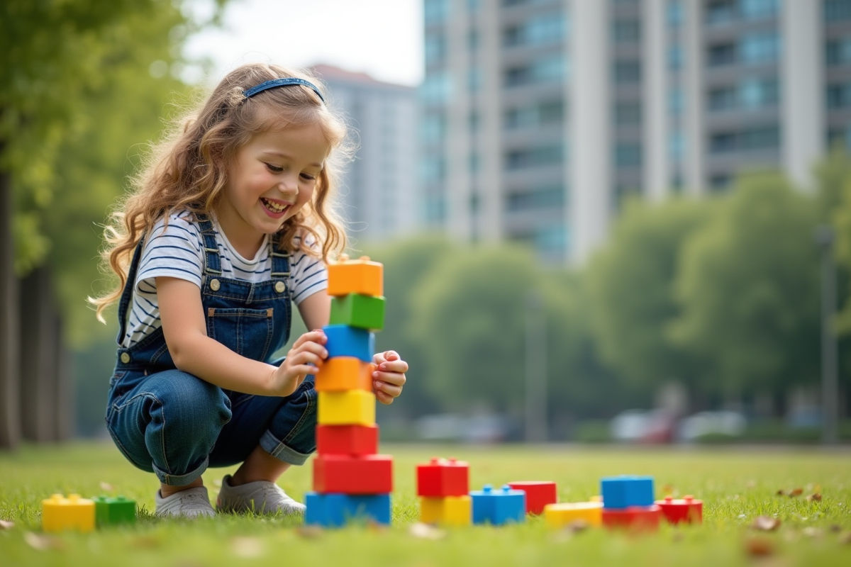 Jeune fille construisant une tour de blocs dans un parc urbain