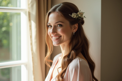 Invitée de mariage souriante aux cheveux ondulés et coiffure romantique