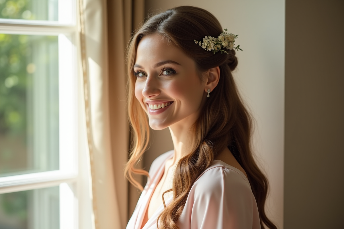 Invitée de mariage souriante aux cheveux ondulés et coiffure romantique