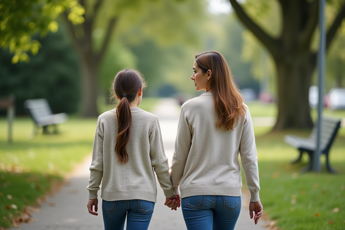 Mère et fille dans un parc en discussion
