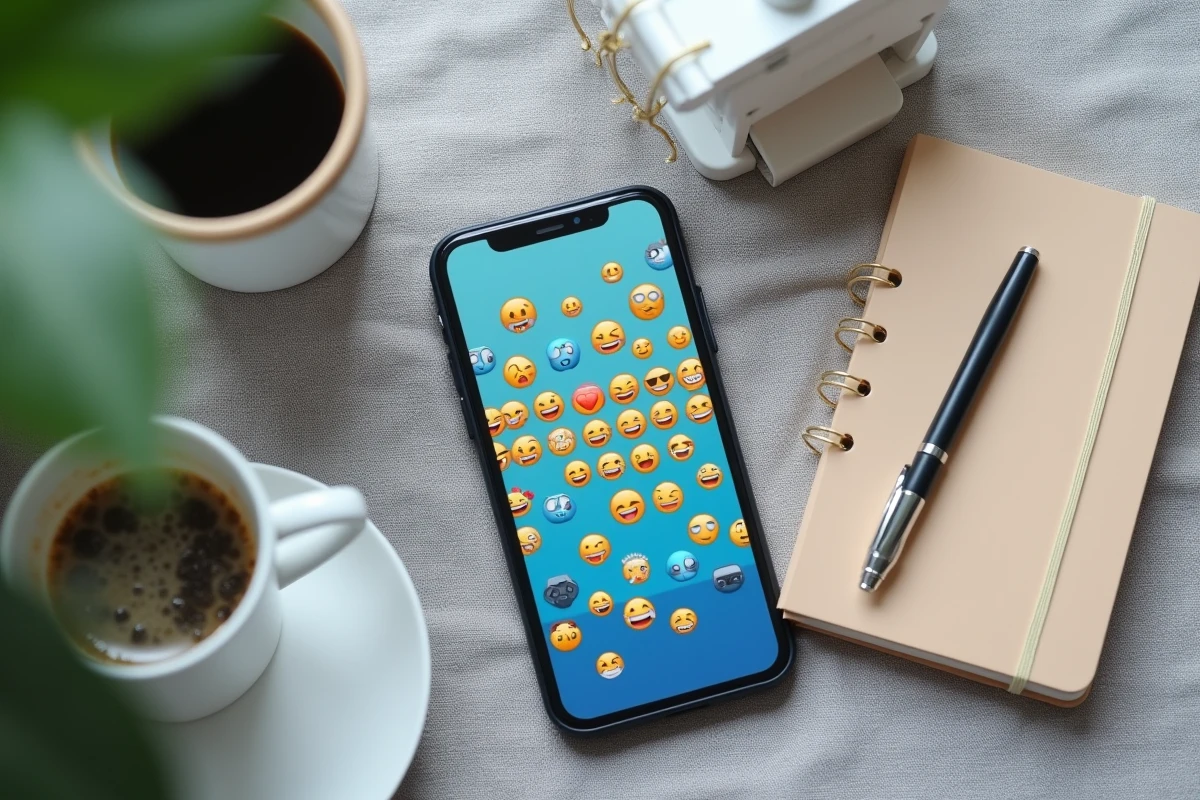 Gros plan en vue aérienne d'un écran de smartphone affichant des emojis dans une conversation, posé sur un tissu en lin gris avec un carnet et une tasse