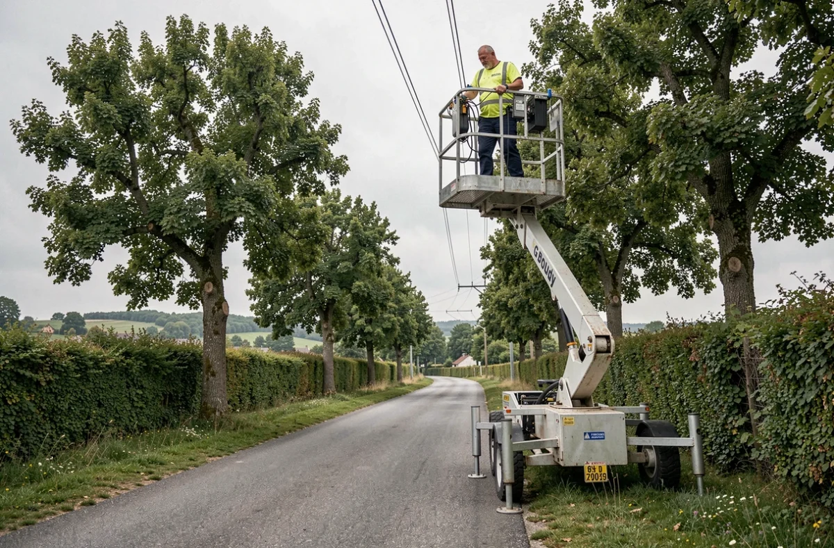 Un électricien de G Boudy sur une nacelle élévatrice travaillant sur l'infrastructure électrique en bordure d'une route rurale en Corrèze