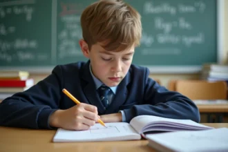 Jeune garçon concentré dessinant un pyramide dans son cahier