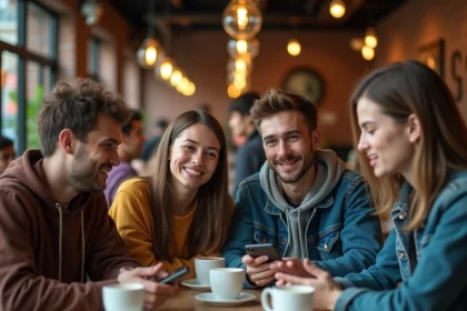 Groupe de jeunes adultes de la génération Z en discussion animée dans un café urbain, entre rires et incompréhension face à une blague salace