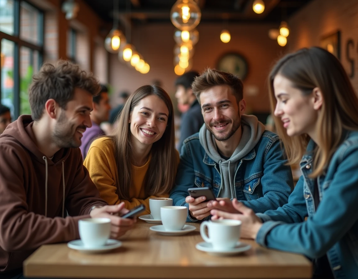 Groupe de jeunes adultes de la génération Z en discussion animée dans un café urbain, entre rires et incompréhension face à une blague salace