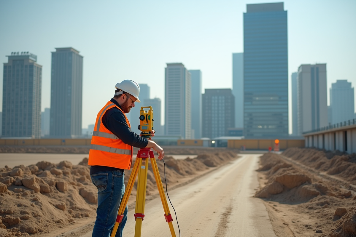 Geometre utilisant un station totale sur un chantier en plein air ensoleille