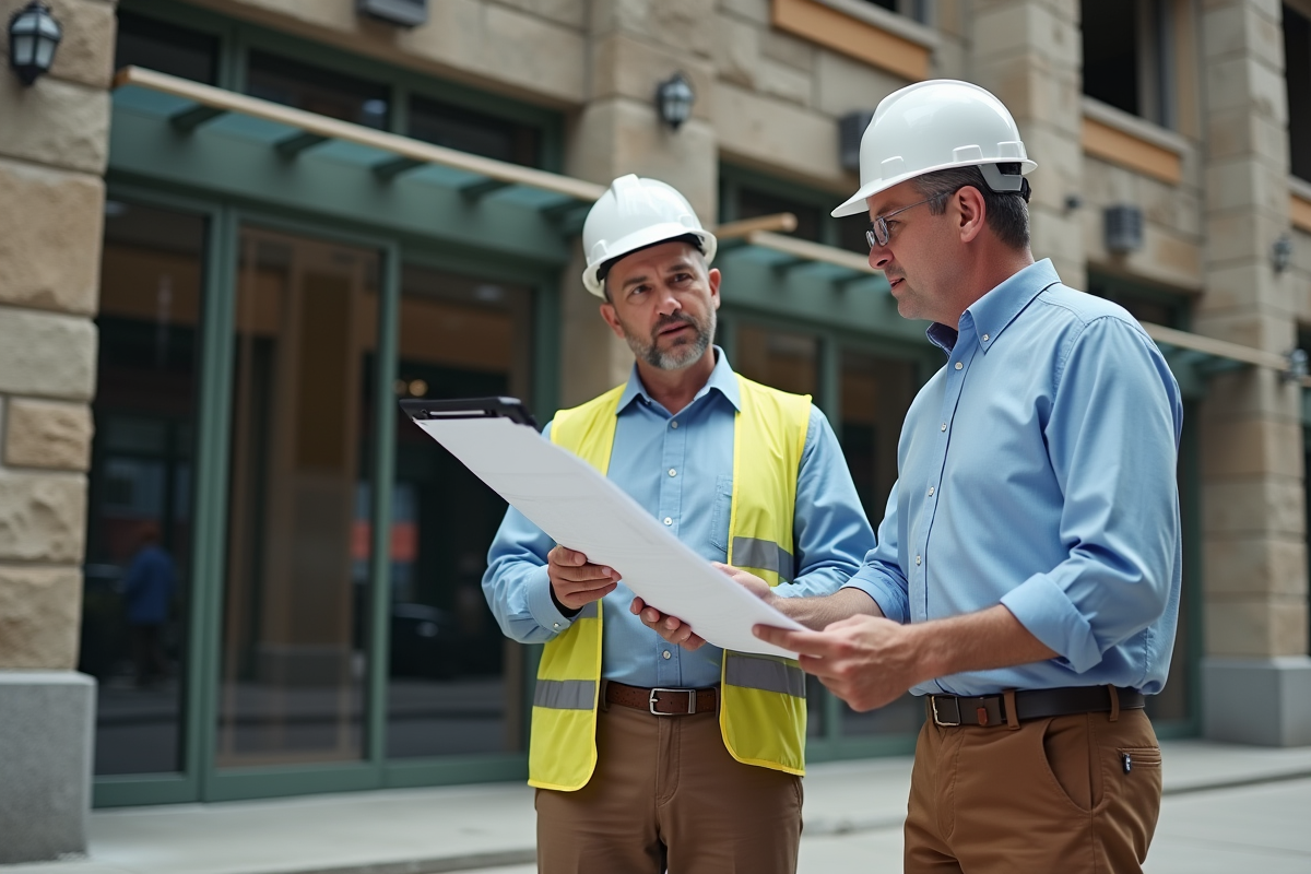 Gestionnaire en extérieur avec plans de rénovation bâtiment