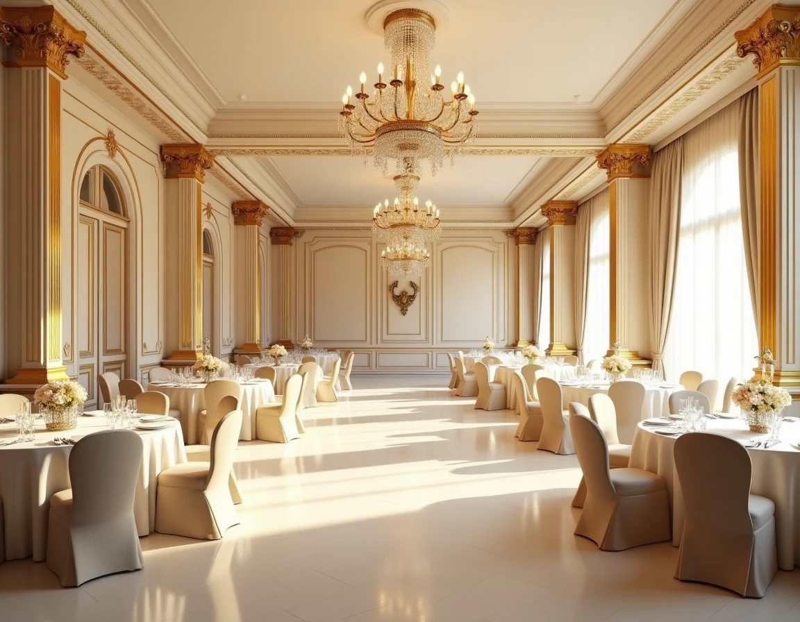 Golden House, salle de réception luxueuse avec décoration dorée et aménagement de mariage élégant