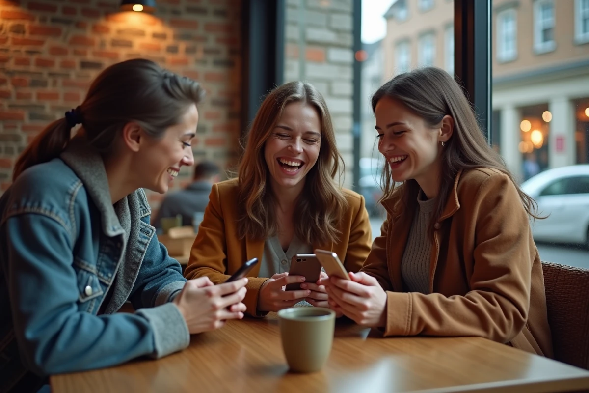Groupe d'amis dans un café réagissant à des emojis sur leurs smartphones avec des expressions authentiques