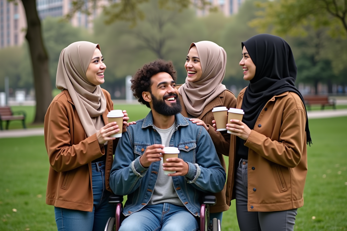 Jeunes amis multiculturels souriants dans un parc urbain