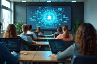 Groupe d'élèves au lycée regardant un écran interactif sur la cybersécurité