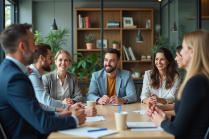 Groupe diversifié en réunion de travail en bureau moderne