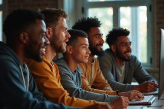 Fans de basketball discutant devant un ordinateur