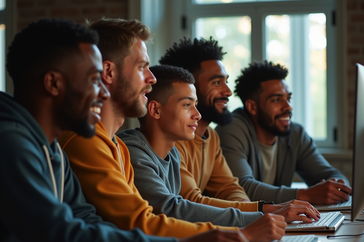 Fans de basketball discutant devant un ordinateur