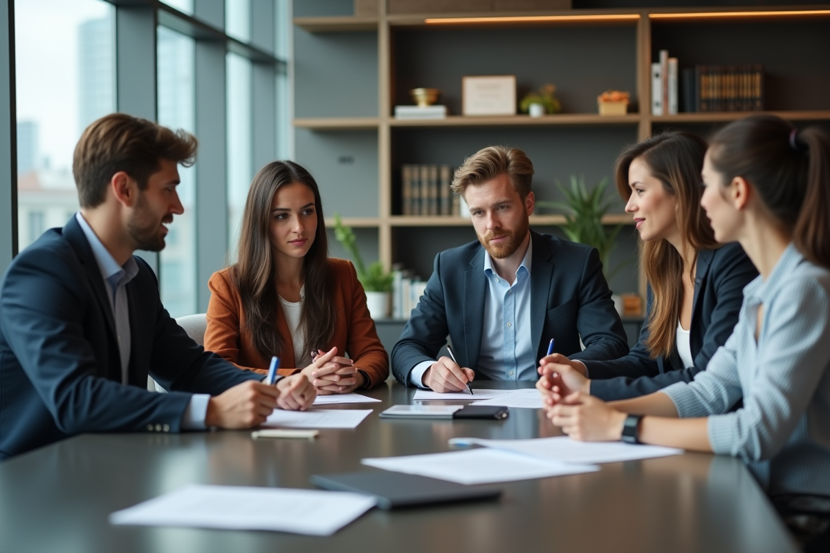Groupe de jeunes adultes en discussion dans un bureau moderne