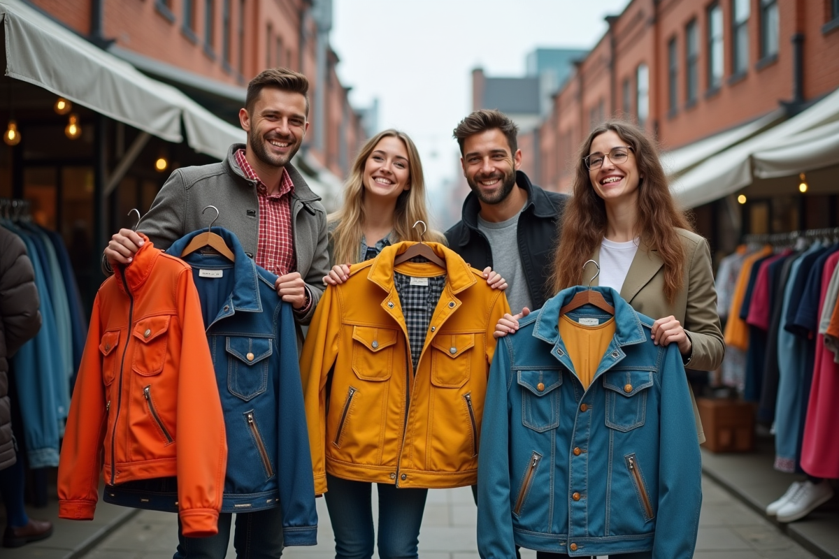Groupe de jeunes adultes avec vestes vintage en marché